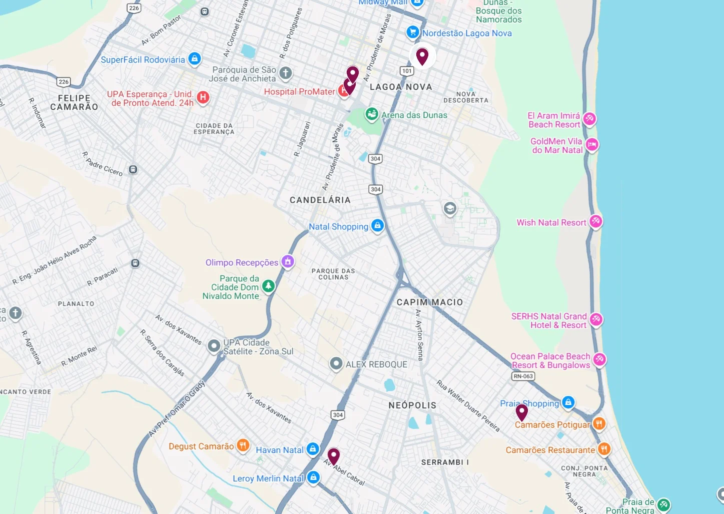 Mapa com a localização das unidades do Over em Natal/RN